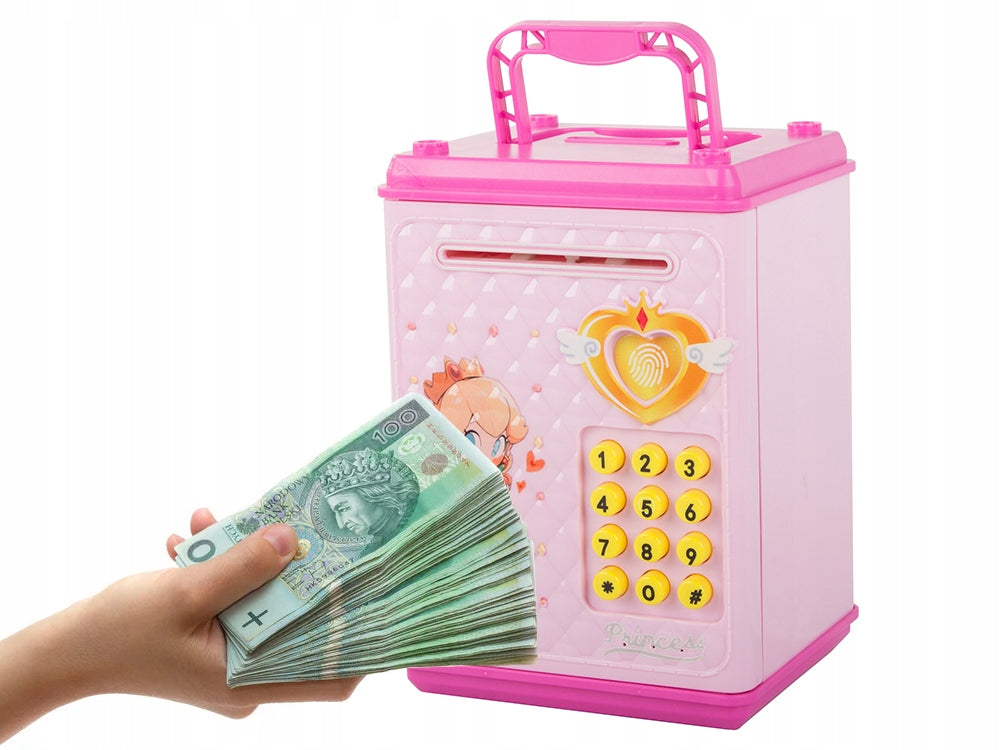 Pusculita tip seif, Zola®, deschidere cu pin, sunete si lumina, plastic, 18 x 10 x 12 cm, roz Pusculita tip seif, Zola®, deschidere cu pin, sunete si lumina, plastic, 18 x 10 x 12 cm, roz